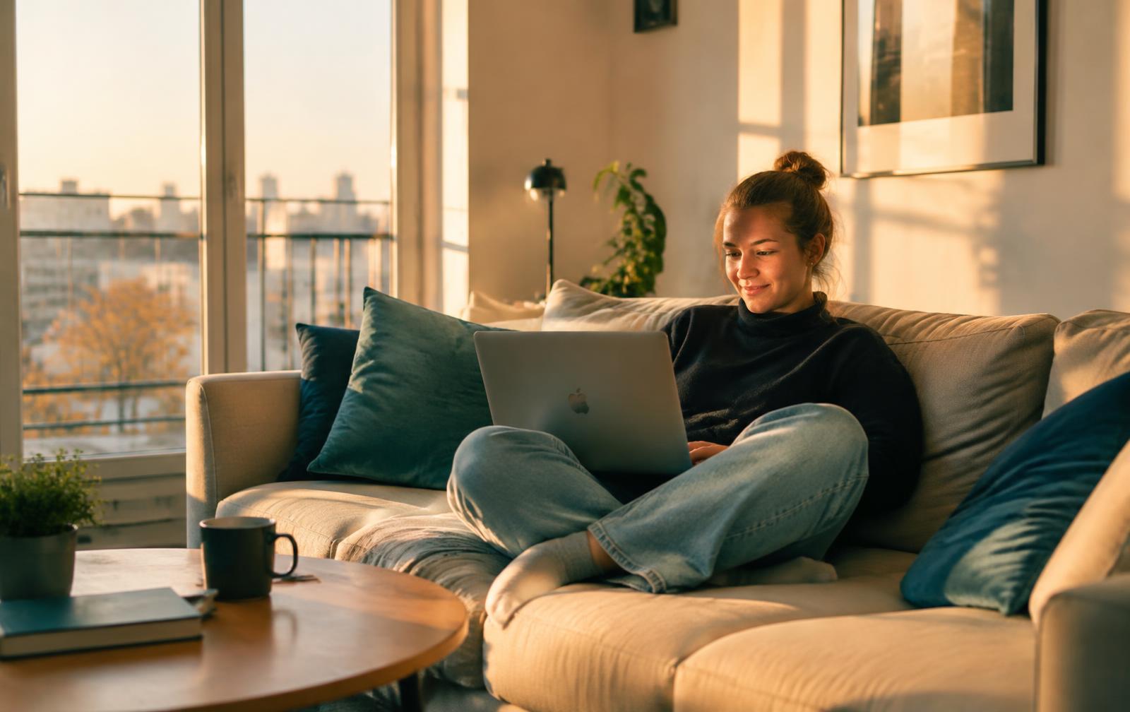 Frau vergleicht entspannt Tarife am Laptop